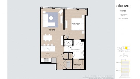 Floor plan for 1 bed, 1 bath, 820 sqft